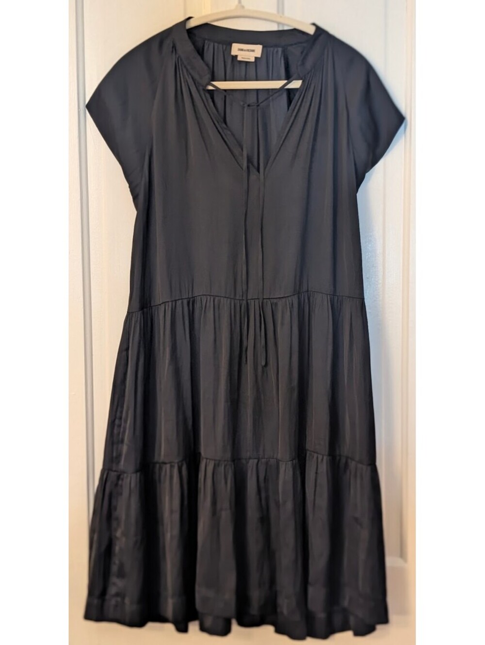 ZADIG & VOLTAIRE RITO SATIN TIERED MIDI DRESS RICH BLACK | SIZE L | NWOT